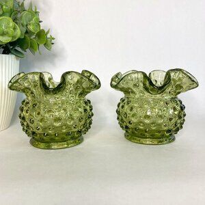 Vintage Fenton Glass Rose Bowl Vase Hobnail Colonial Green Set of 2